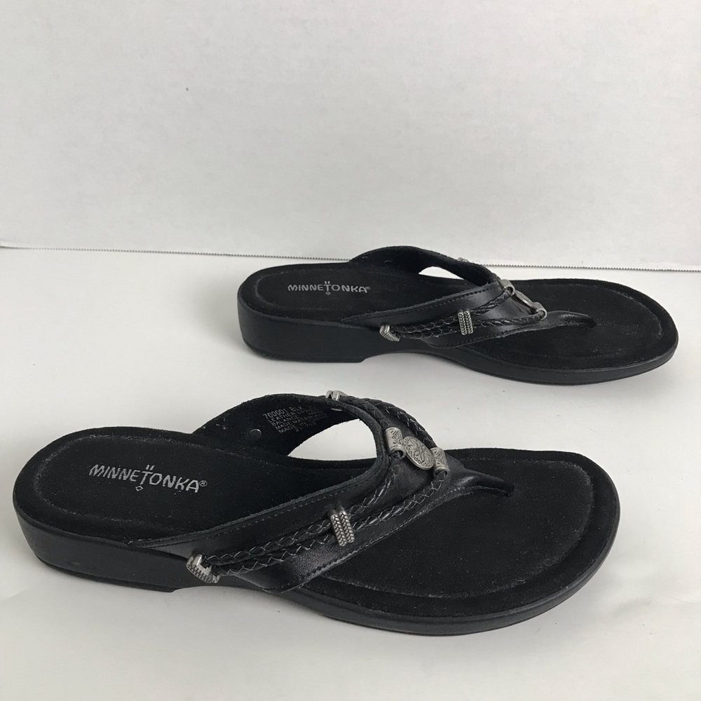 Minnetonka Black Leather Braided Thong Sandals Womens Size 10 Southwestern Boho - Picture 4 of 11